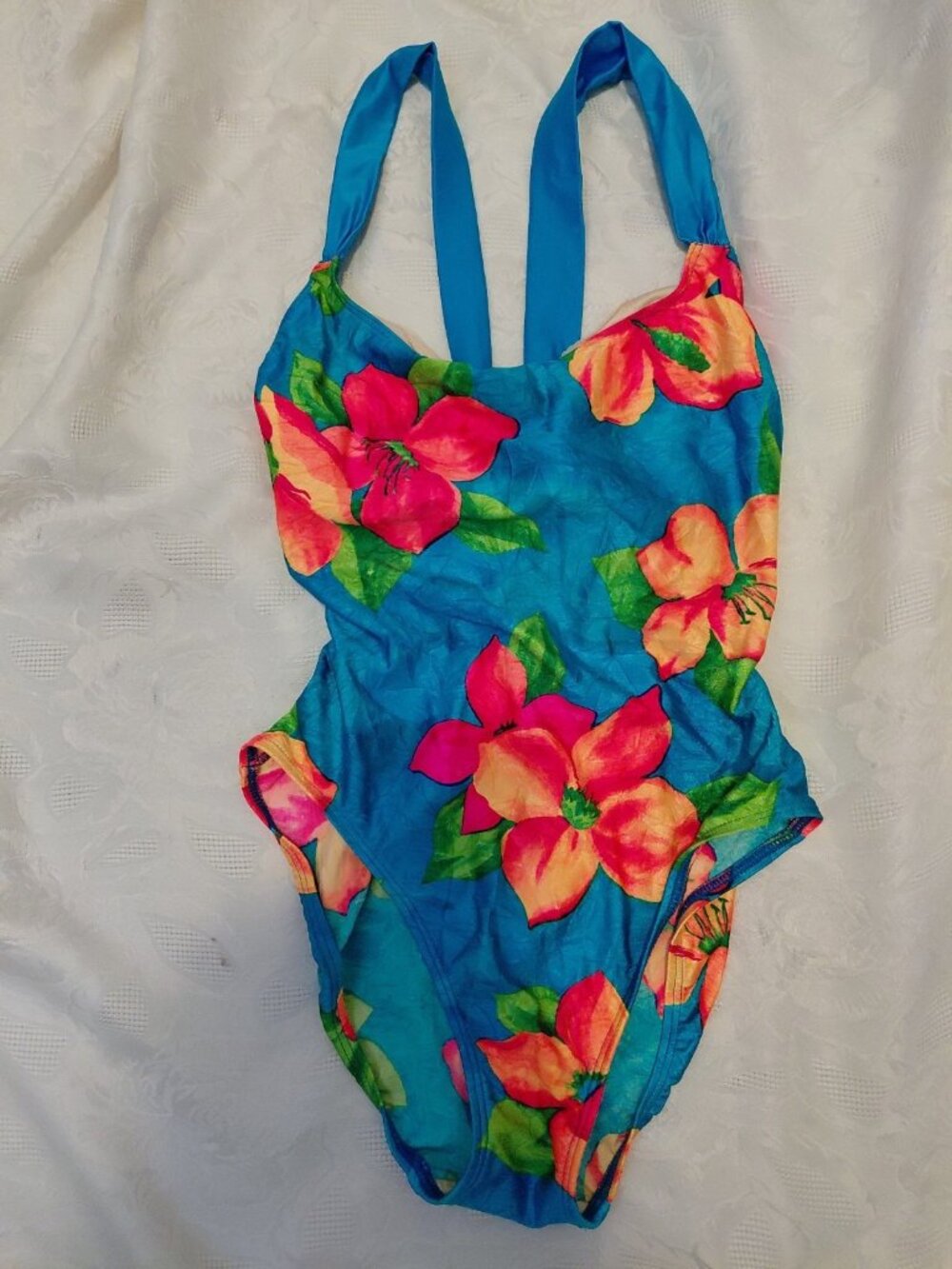 Sessa Vintage Swimsuit Floral One Piece Blue Pink Green Size 10 USA Made